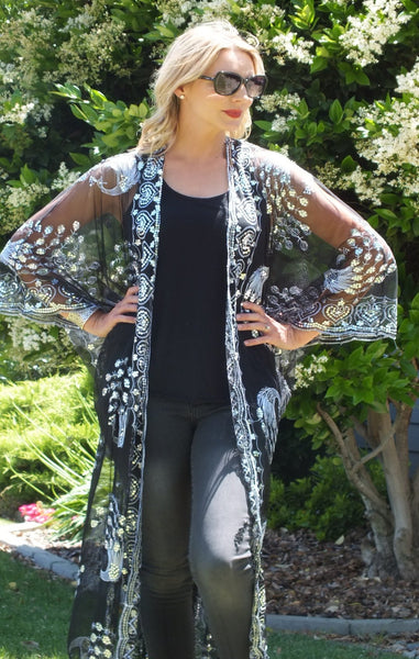 Black Silver Sequin Peacock Caftan Long Kimono