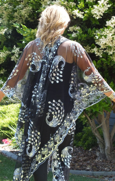 Black Silver Sequin Peacock Caftan Long Kimono