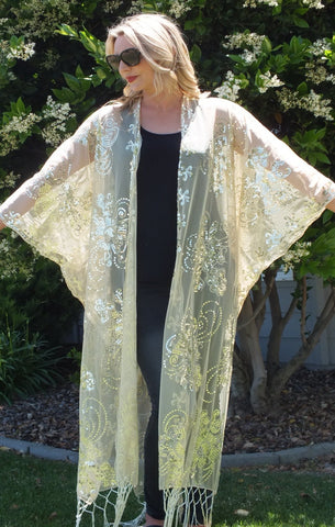 Gold Sequin Floral Embroidered Long Kimono Duster