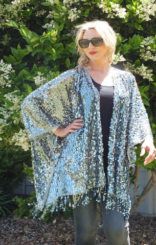 Silver Gray Round Sequin Party Top Kimono