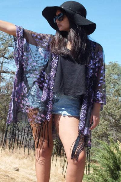 Purple Sequin Peacock Kimono Duster Top