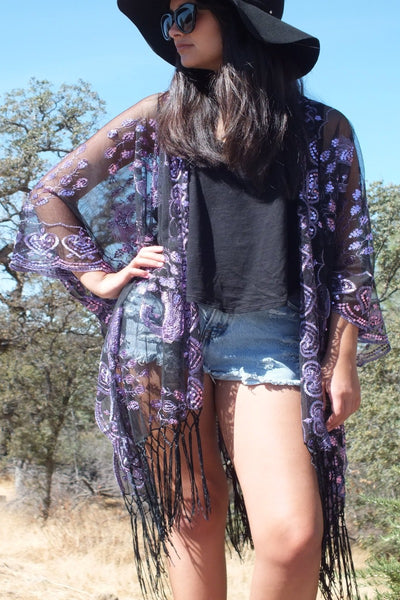 Purple Sequin Peacock Kimono Duster Top