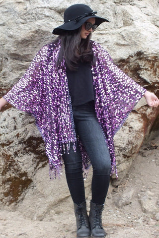 Purple Round Sequin Caftan Kimono Top One size