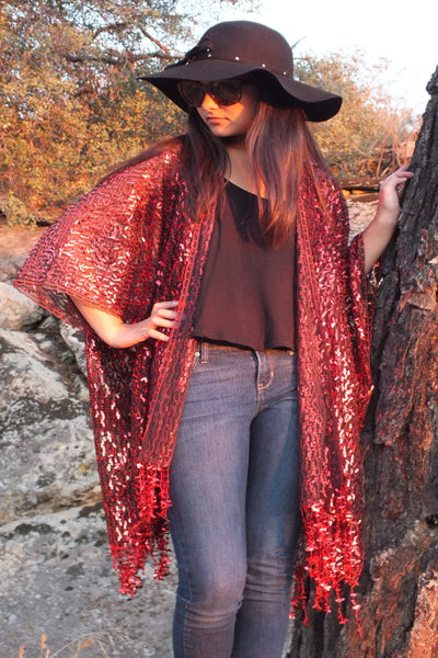 Red Sequin Kimono Top Duster One size