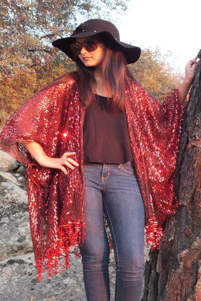 Red Sequin Kimono Top Duster One size