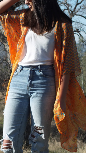 Sheer Orange/Gold Peacock Floral Print Tunic Kimono Ruana Top One size