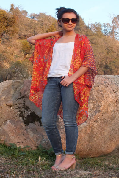 Sheer Red/Gold Peacock Floral Print Tunic Kimono Ruana Top One size