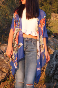 Blue Floral Print Tunic Sheer Kimono Top