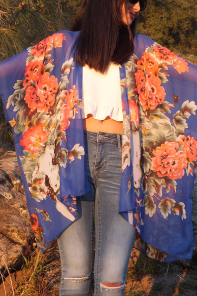 Blue Floral Print Tunic Sheer Kimono Top