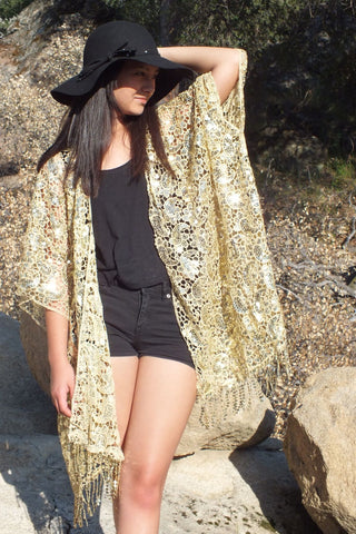 Gold Sequin Embroidered Paisley Kimono Duster Top