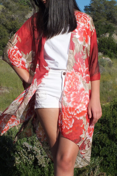 Burgundy Floral Print Sheer Tunic Ruana Kimono Top One size