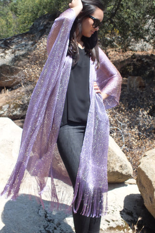 Festival Purple Lavender Metallic Mesh Duster Kimono Glitter Top One size