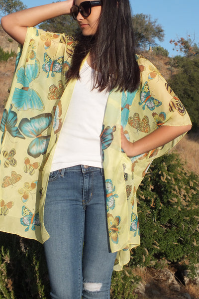 Sheer Yellow Floral Butterfly Print Tunic Ruana Kimono Top