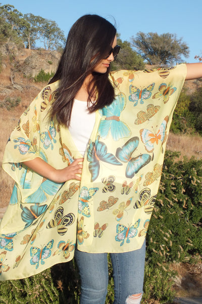 Sheer Yellow Floral Butterfly Print Tunic Ruana Kimono Top