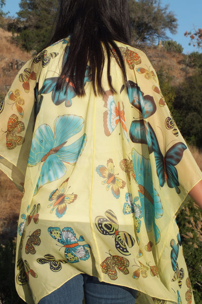 Sheer Yellow Floral Butterfly Print Tunic Ruana Kimono Top