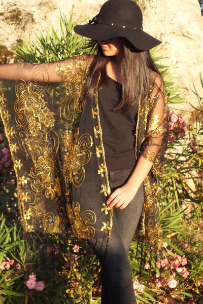 Black Gold Sequin Floral Embroidered Kimono Top