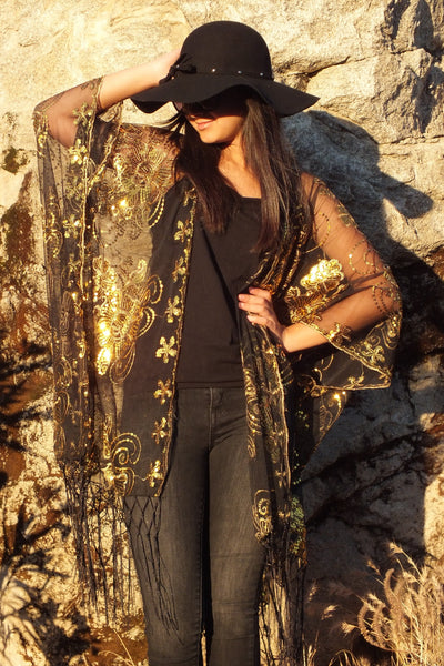 Black Gold Sequin Floral Embroidered Kimono Top