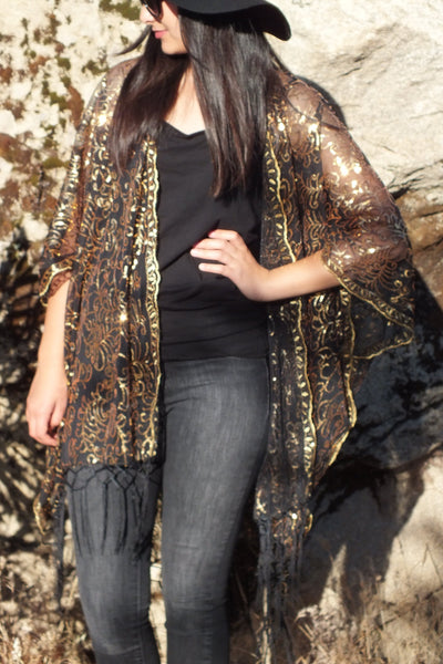 Black Gold Sequin embroidered Kimono Duster Party Top