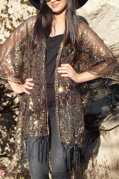 Black Gold Sequin embroidered Kimono Duster Party Top