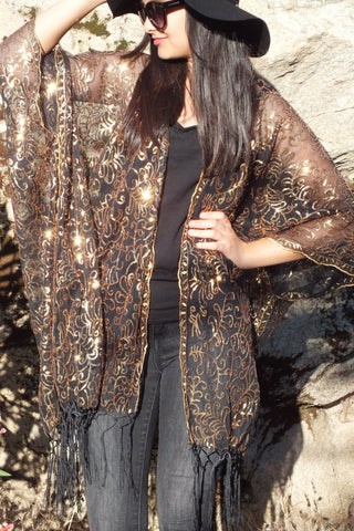 Black Gold Sequin embroidered Kimono Duster Party Top