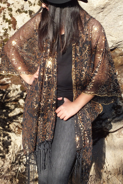 Black Gold Sequin embroidered Kimono Duster Party Top