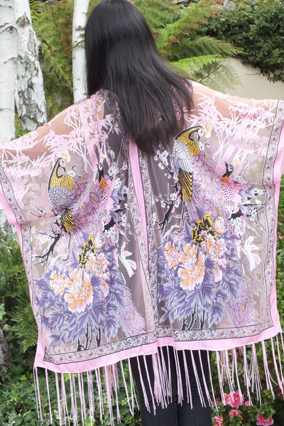 Pink Floral Peacock Print Burnout Fabric Kimono