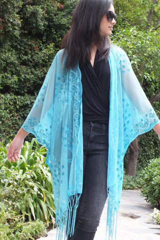 Blue Sequin Peacock Caftan Kimono Top