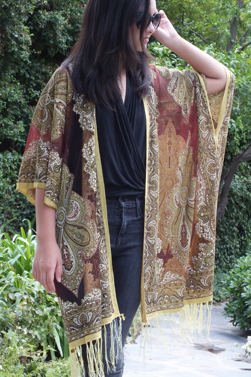 Burgundy Sheer Paisley Bandana Medallion Burnout Fabric Duster Kimono ...