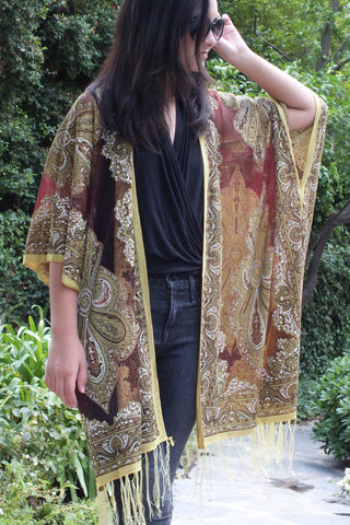 Burgundy Sheer Paisley Bandana Medallion Burnout Fabric Duster Kimono Top