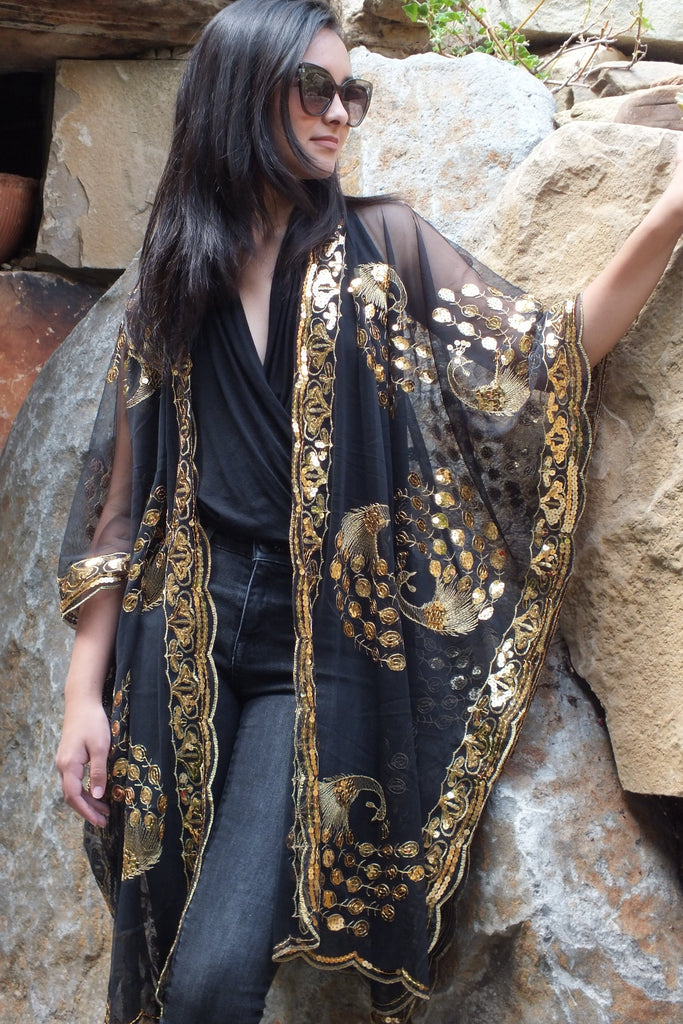 Black Gold Sequin Peacock Duster Caftan Kimono Party Top Moddy Vintage Black Gold Sequin Peacock Duster Caftan Kimono Party Top Moddy Vintage