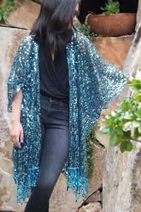 Blue Round Sequin Caftan Kimono Top