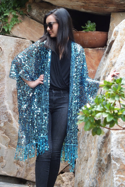 Blue Round Sequin Caftan Kimono Top