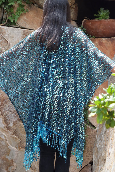 Blue Round Sequin Caftan Kimono Top