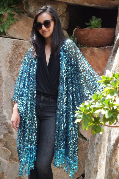 Blue Round Sequin Caftan Kimono Top