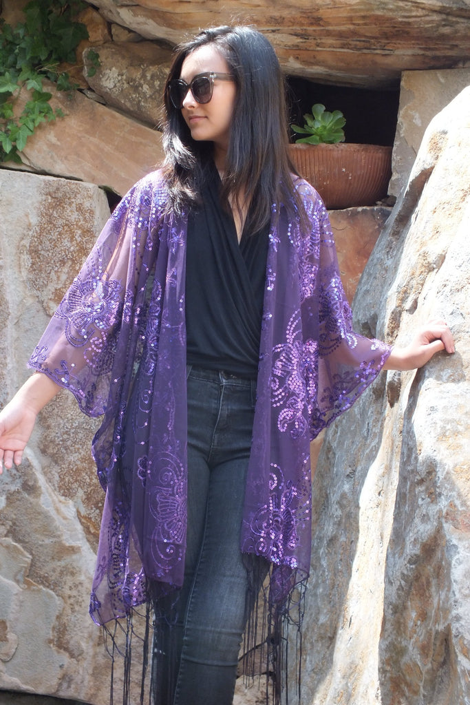 Purple Sequin Floral Embroidered Kimono Duster Top – Moddy Vintage
