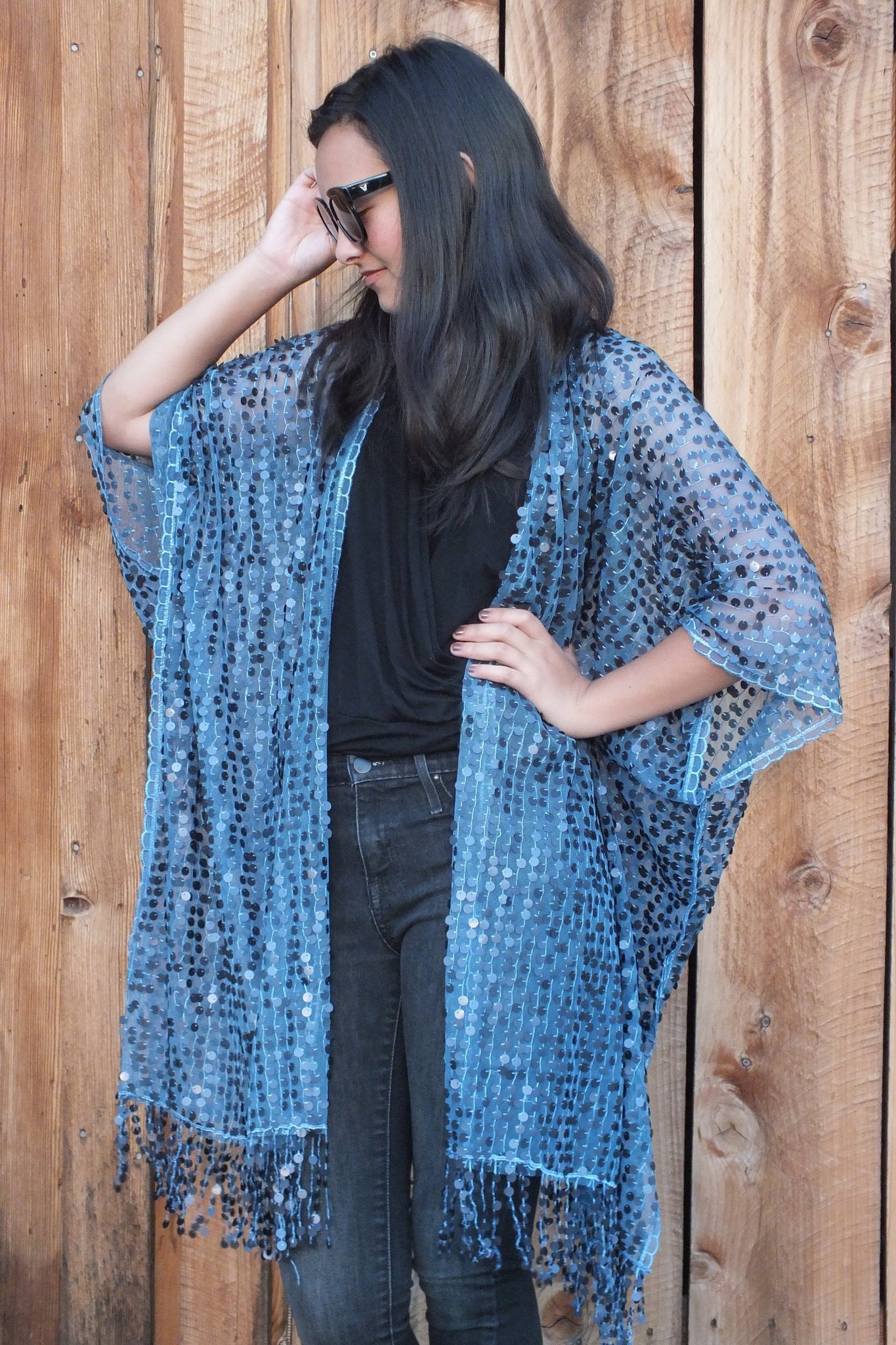 Blue Sequin Kimono Duster Top One Size