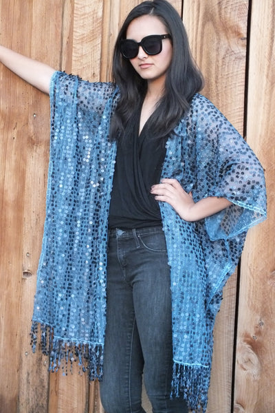 Blue Sequin Kimono Duster Top One Size