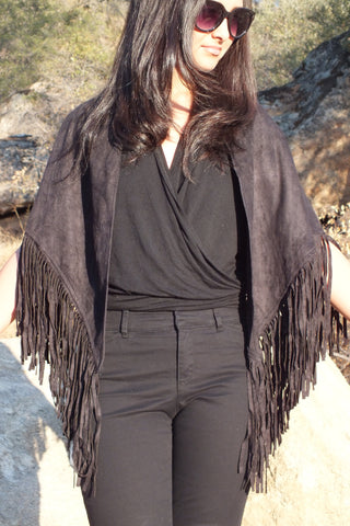 Black Faux Suede Leather Fringe Top Shawl Wrap Scarf One size