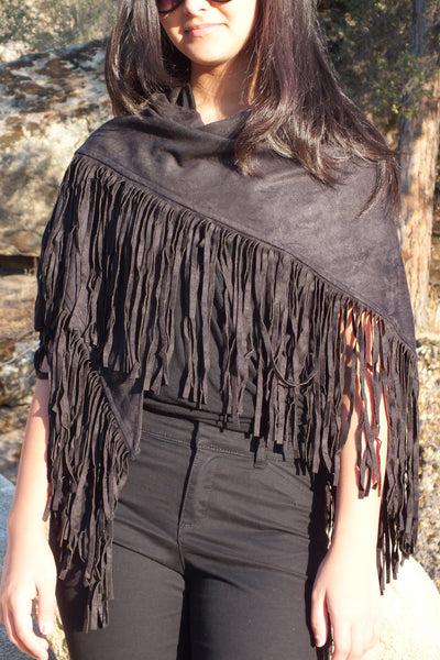 Black Faux Suede Leather Fringe Top Shawl Wrap Scarf One size