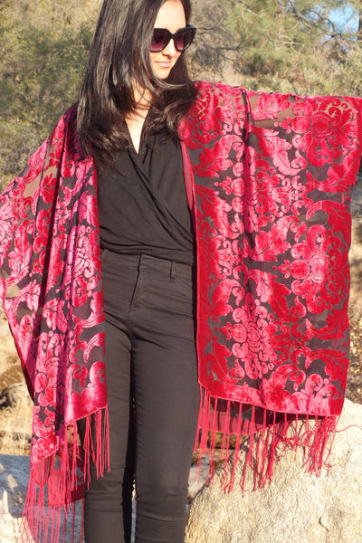 Burgundy Burnout Velvet Damask Duster Caftan Kimono Top