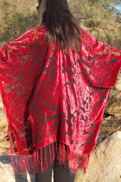 Burgundy Burnout Velvet Damask Duster Caftan Kimono Top