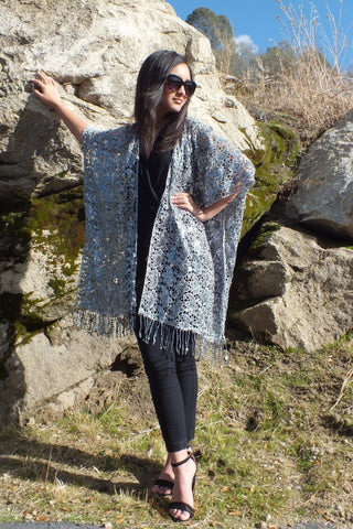 Silver Sequin Embroidered Paisley Pattern Kimono Top