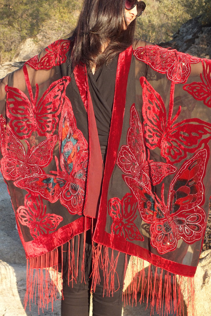 Burgundy Floral Velvet Burnout Slim Fit Kimono — Artfest Ontario