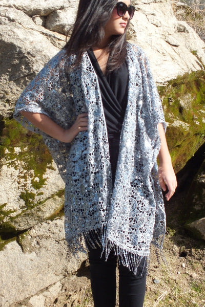 Silver Sequin Embroidered Paisley Pattern Kimono Top