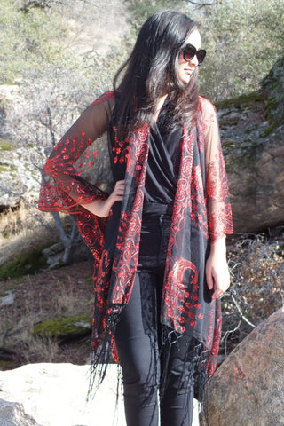 Black Red Sequin Peacock Kimono Duster Party Top
