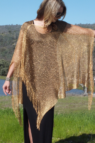 Gold Metallic Mesh Poncho Cape Top One size fits