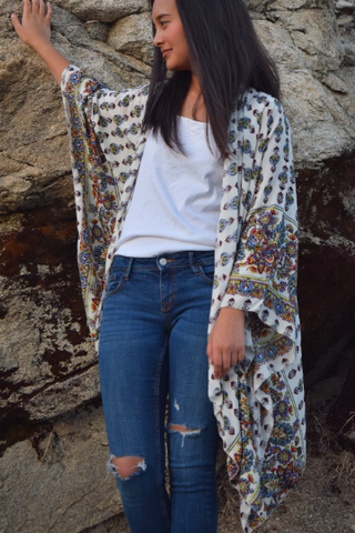 White Paisley Print Ethnic Kimono Duster Ruana Top One  size