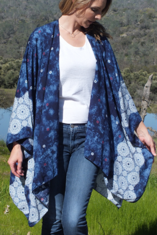 Blue Tie Dye Print Kimono Ruana Top