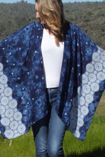 Blue Tie Dye Print Kimono Ruana Top