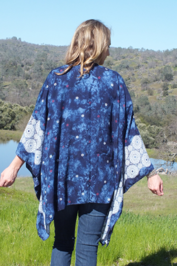 Blue Tie Dye Print Kimono Ruana Top